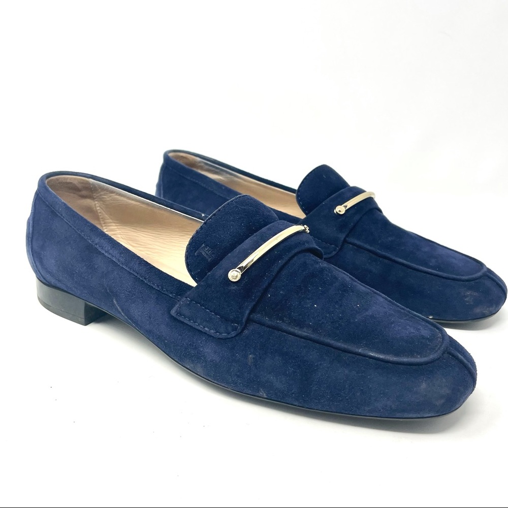 Tod’s Navy Blue W/ Gold Bar Suede Loafers 37.5/7.5